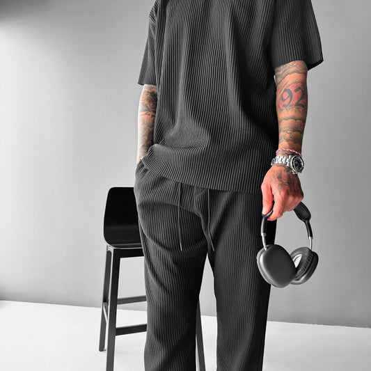 O Neck T-Shirt & Trouser Set - Black